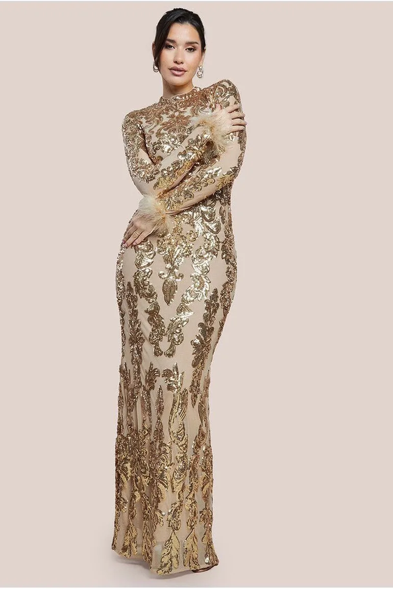goddiva gold sequin dress Goddiva Long sleeve sequin leaf long sleeve maxi dress in gold