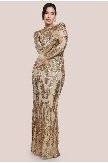 Goddiva Sequin High Neck Feather Cuff Maxi Dress - Gold