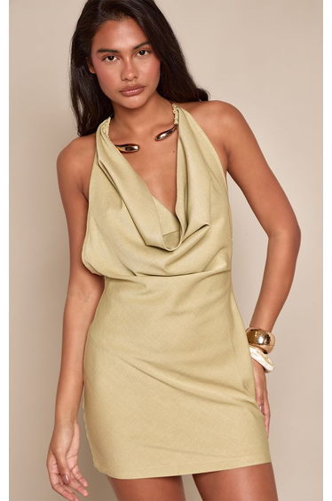 Pale Lime Woven Neck Trim Detail Mini Dress