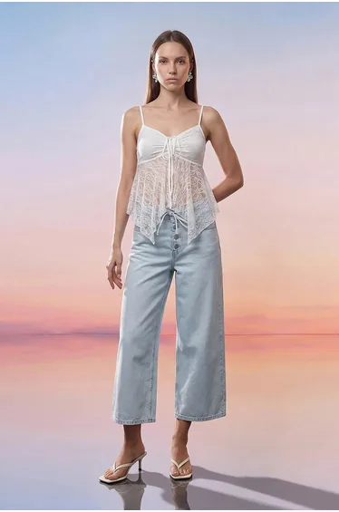 DILVIN Women's High-Waist Wide-Leg Capri Jeans With Lace Detail