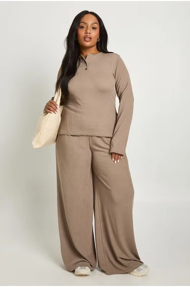 Plus Ribbed Henley Button Down Long Sleeve Top And Straight Leg Trouser Co-ord