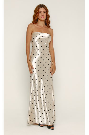 Cream Bandeau Polka Dot Bias Cut Maxi Dress