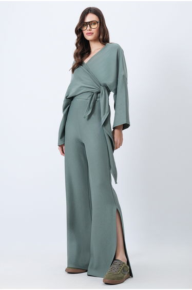 Women's Green Double-Breasted Tie-Up Blouse Slit Pants Double Knitted Set