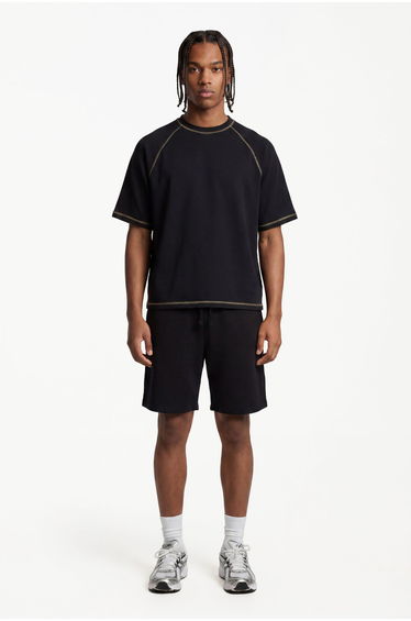 Oversized Boxy Contrast Stitch Washed Raglan Waffle T-Shirt