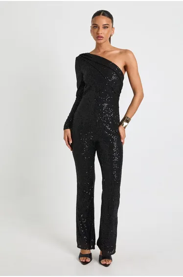 Asymmetric Sequin Wide Leg Jumpsuit - black