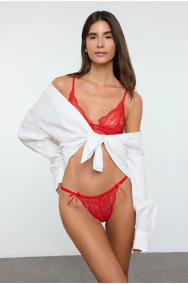 Red Lace Ribbon/Bow Unlined Knitted Lingerie Set