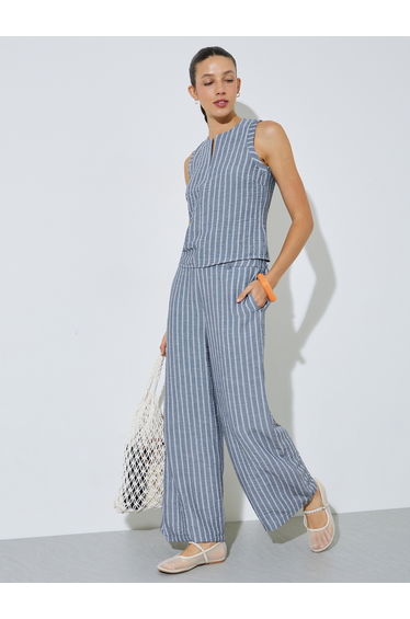 Blue Striped Wide Leg Trousers