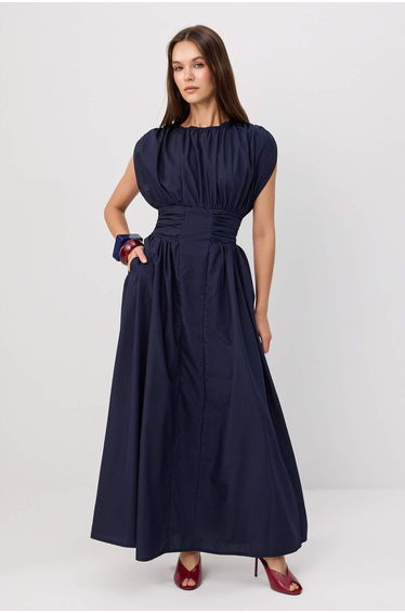 Navy Blue Corset Detailed Maxi Woven Dress