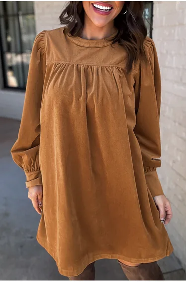 Lvness Desert Gold Corduroy Pleated Puff Sleeve Shift Short Dress