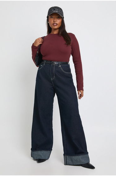 Plus Basic Rib Long Sleeve Fitted Longline Top - burgundy