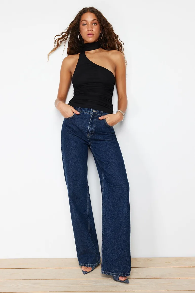 Black Halter Neck Gathered Lined Tulle Knitted Blouse - 1
