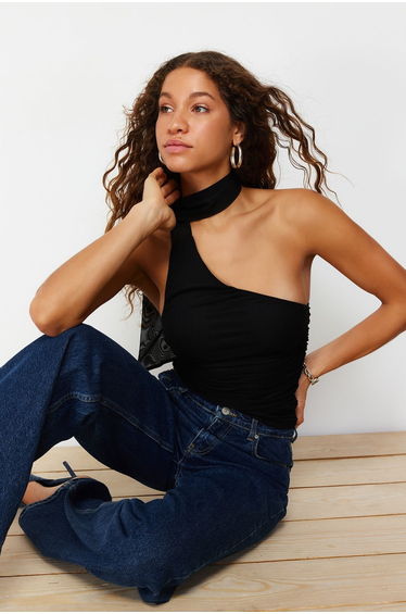 Black Halter Neck Gathered Lined Tulle Knitted Blouse