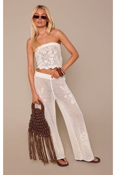 Cream Doily Crochet Knit Wide Leg Trousers