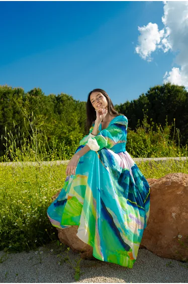 Silk Cotton Scenic Print Balloon Sleeve Woven Maxi Dress