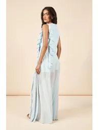 فستان ماكسي شيفون بكشكش بياقة عالية - أزرق - 1