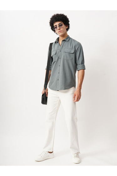 Solid Regular Fit Cotton Shirt with Flap Pockets