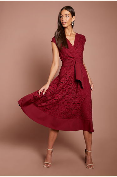 Belted Lace Midi Dress
