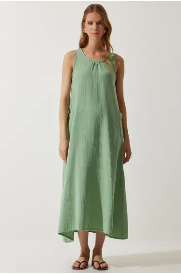 Women's Almond Green Wide Pocket Summer Muslin Dress