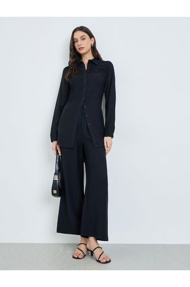 Black Lace Detail Longline Shirt and Pants Co-Ords