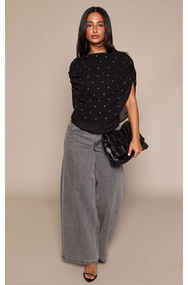 Petite Black Stud Detail Ruched Cape Top