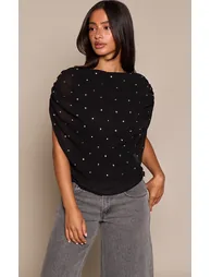 Petite Black Stud Detail Ruched Cape Top - 1