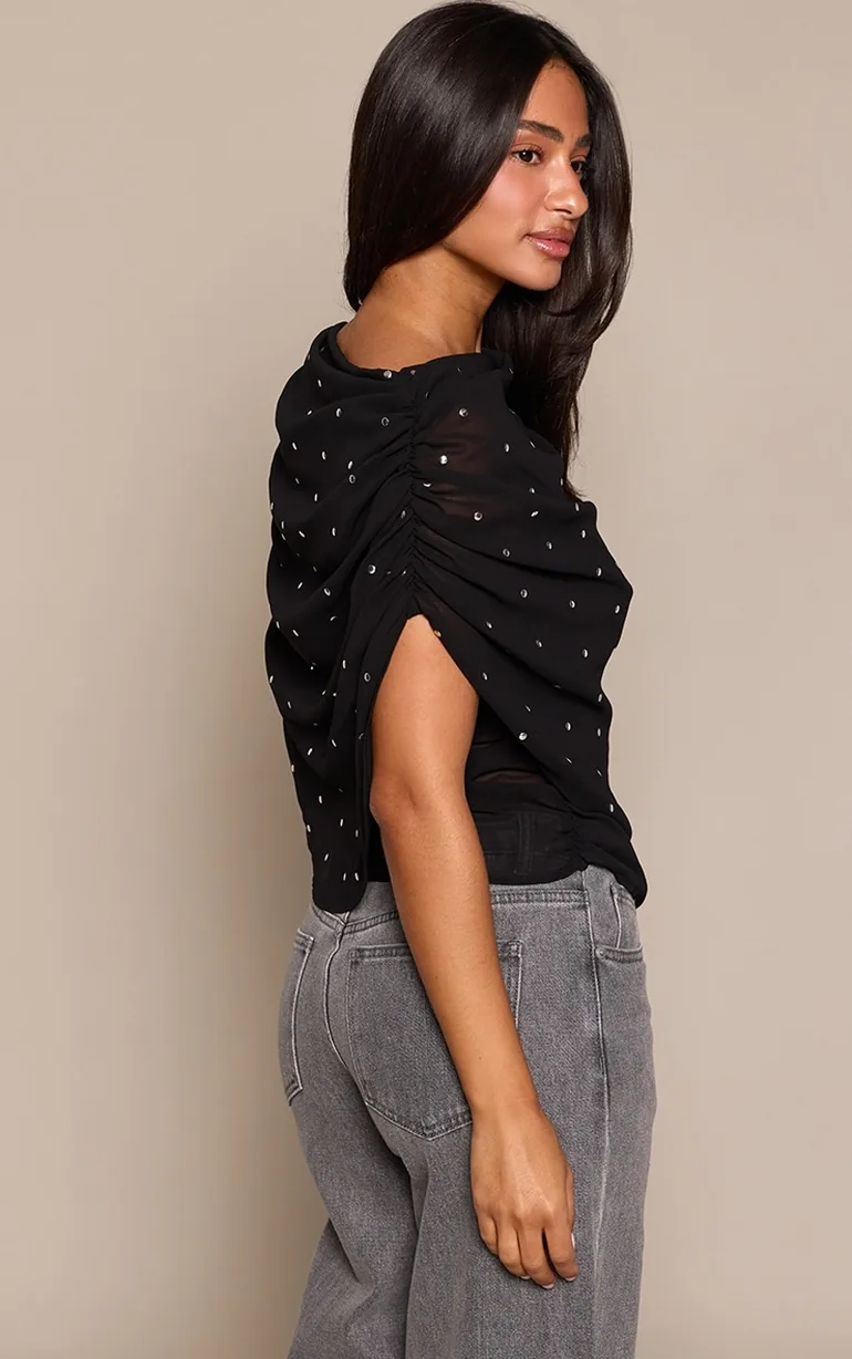 Petite Black Stud Detail Ruched Cape Top - 2
