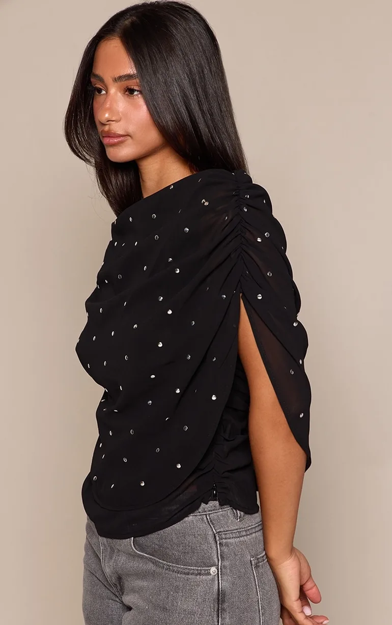 Petite Black Stud Detail Ruched Cape Top - 3