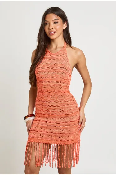 Halterneck Tassel Hem Beach Crochet Mini Dress - coral