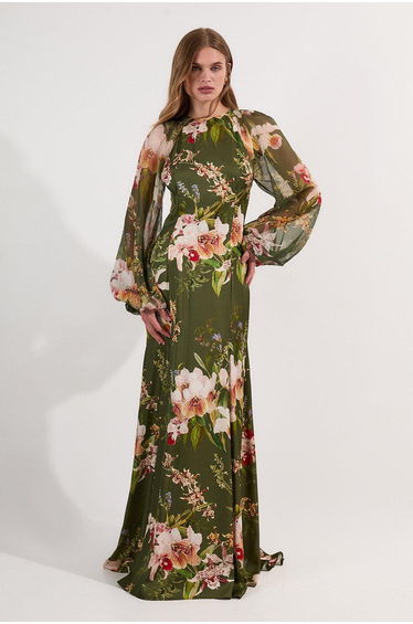 Garden Floral Viscose Georgette Satin Mix Maxi Dress
