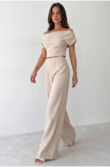 Beige Boat Neck Fitted Blouse Wide Leg Trousers Woven Bottom - Top Set