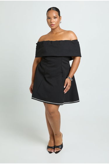 Plus Structured Diamante Bardot Skater Dress - black