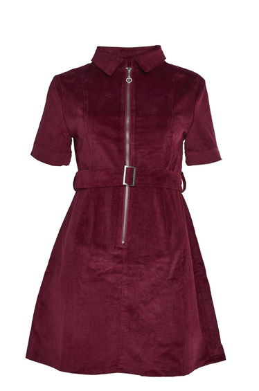 Wine-Corduroy Zip-Up Mini Dress
