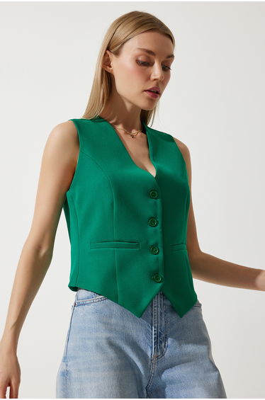 Women's Green Fitted Short Woven Vest