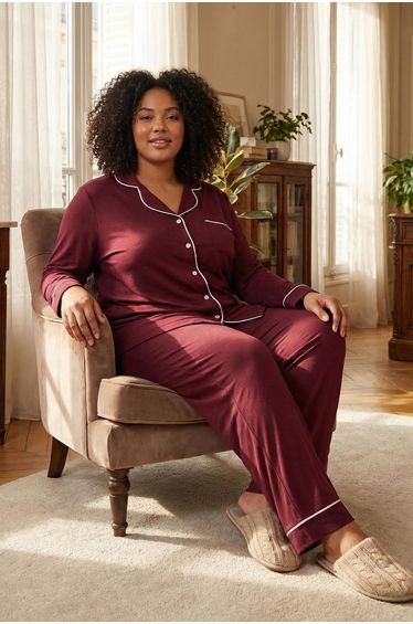 Burgundy Piping Detailed Shirt Collar Knitted Pajama Set
