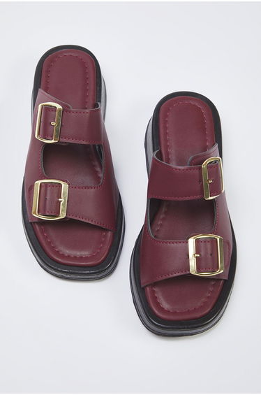 Burgundy Double Banded Buckle Detailed Thick Sole Women's Slippers