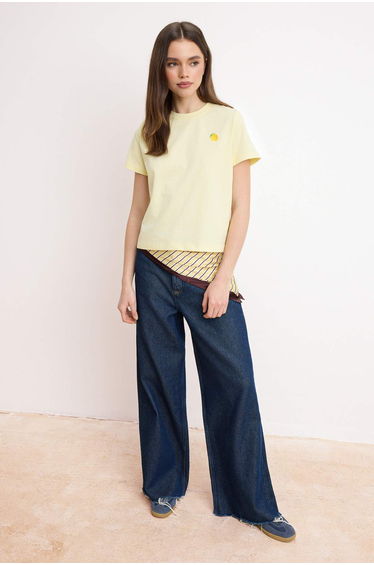 Yellow Regular/Normal Fit Short Sleeve Embroidered Tok 100% Cotton Knitted T-Shirt