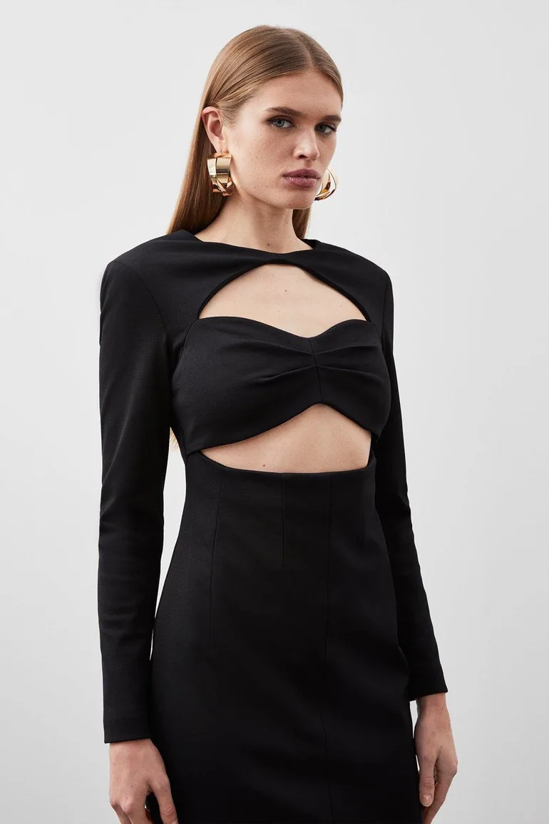 Italian Structured Jersey Cut Out Pencil Midi Dress - 2