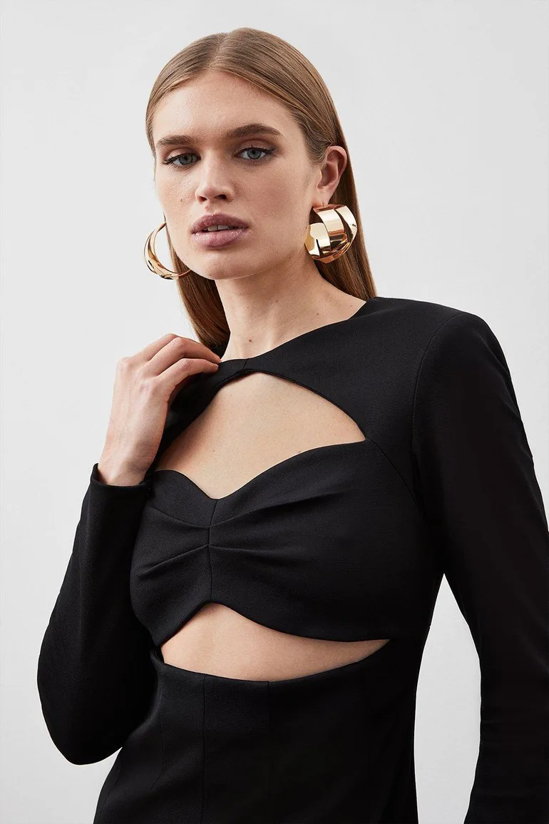 Italian Structured Jersey Cut Out Pencil Midi Dress - 1