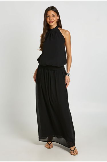 Chiffon Ruched Drop Waist Halter Neck Maxi Dress - black