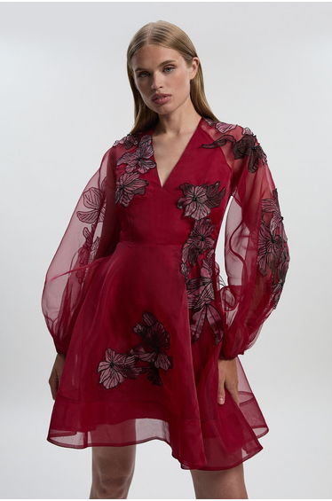 Floral Applique Organdie Woven Balloon Sleeve Mini Dress