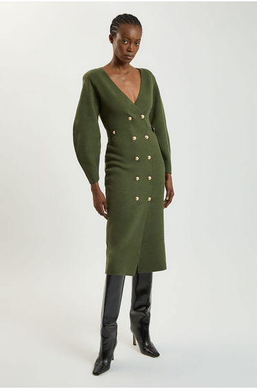 Wool Look Military Double Breasted Knitted Dress
