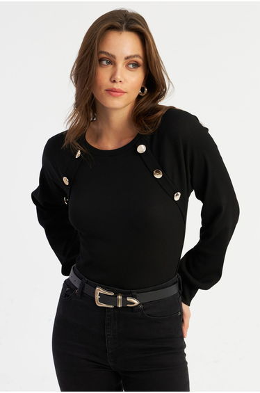 Women's Black Button Accessory Camisole Blouse