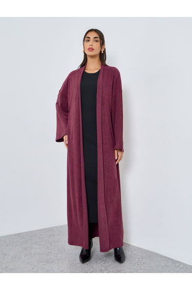 Burgundy Textured Open Front Abaya