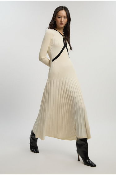 Rib Knit Trim Detail Full Skirt Midi Dress
