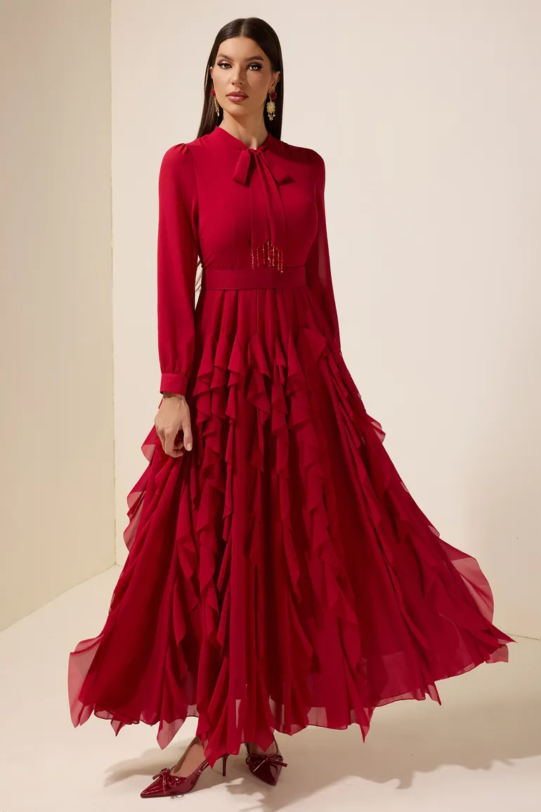 Chiffon Frill Beads Maxi Dress JardinVue Red : Evening Dresses : VogaCloset  Iraq