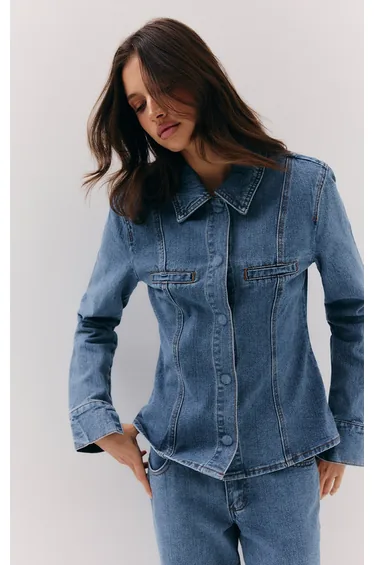 Mid Blue Wash Cinched Waist Seam Detail Long Sleeve Shirt