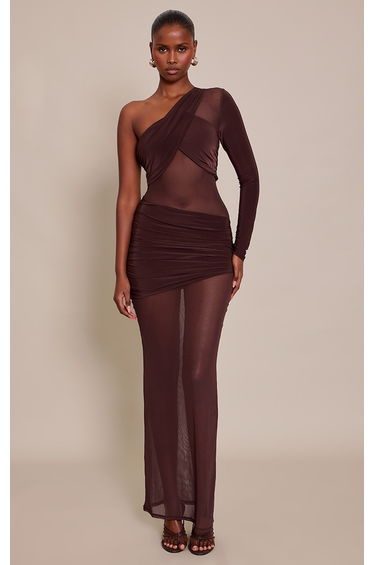 Chocolate Mesh Cut Out Detail One Sleeve Maxi Dress