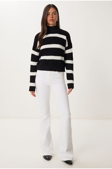 Women's Black High Collar Striped Knitwear Sweater