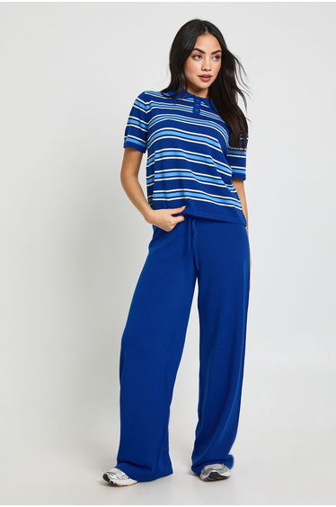 Placket Collar Short Sleeve Stripe Knitted Top And Trouser
