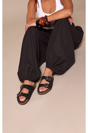 Black Embellished Double Buckle Footbed Sandals